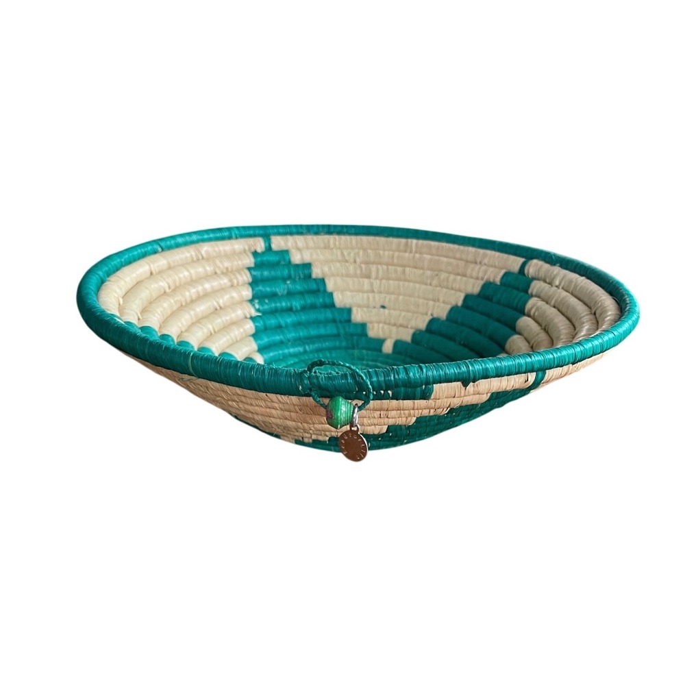 Kazi Goods 8" Handwoven Rwandan Coiled Sisal Basket Bowl – Teal & Cream